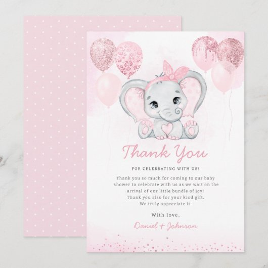 Modern Roze Waterverf Leuk Olifant Baby shower Bedankkaart (Voorkant / Achterkant)