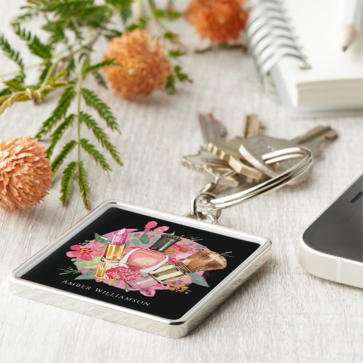 Modern roze Waterverf Makeup Artist Girly Chic Sleutelhanger (Zijkant)