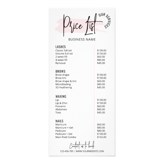 Modern Roze Waterverf Salon Logo Prijslijst Reclamekaart (Voorkant)