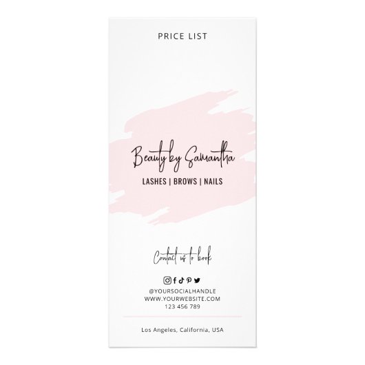 Modern Roze Waterverf Salon Logo Prijslijst Reclamekaart (Achterkant)