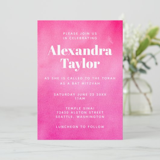 Modern roze Waterverf Trendy Chic Bat Mitzvah Kaart (Staand voorkant)