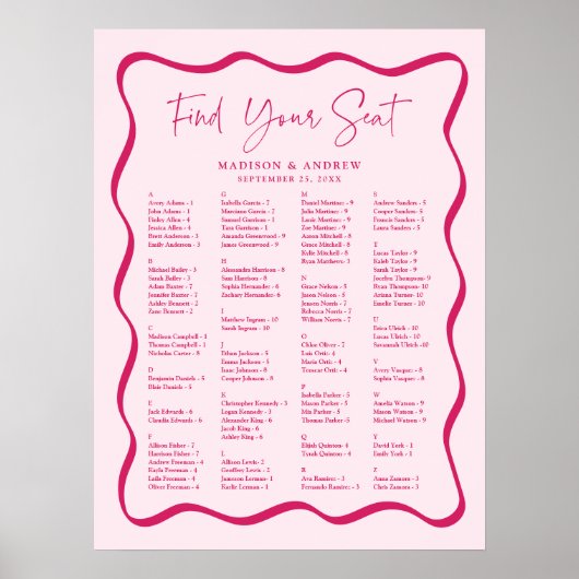 Modern Roze Wavy Lijst Alfabetische Zitting Grafie Poster (Voorkant)