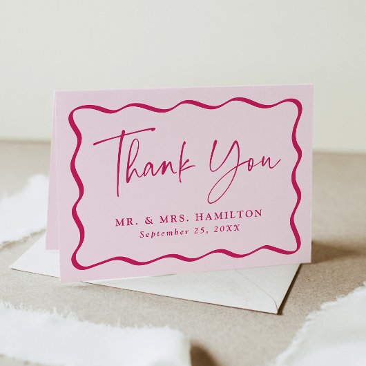 Modern Roze Wavy Lijst Foto Bruiloft Dank u Bedankkaart