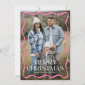 Modern Roze Wavy Lijst Vrolijk Kerstfeest 3 Foto Feestdagenkaart (Voorkant)