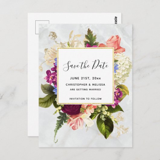 Modern Roze & Wit Bloemen Bruiloft Save the Date Briefkaart (Voorkant / Achterkant)