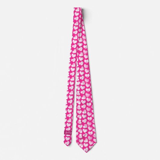 Modern Roze Wit Doodled Heart Valentijn Naam Stropdas (Achterkant)
