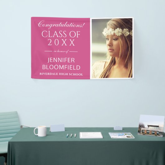 Modern Roze Wit Foto Afstuderen KLASSE VAN 2025 Spandoek (Beurs)