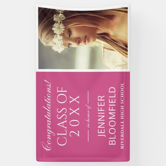 Modern Roze Wit Foto Afstuderen KLASSE VAN 2025 Spandoek (Verticaal)