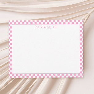 Modern Roze Wit Geruit Notitiekaartje