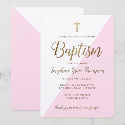 Modern Roze Wit Goud Kruis Virtuele Doop Kaart (Voorkant / Achterkant)