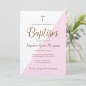 Modern Roze Wit Goud Kruis Virtuele Doop Kaart (Staand voorkant)