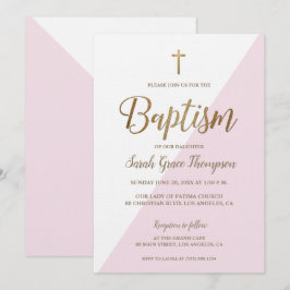 Modern Roze Wit Gouden Kruis Baby Meisje Doop Kaart