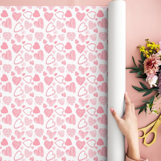 Modern Roze Wit Romantisch Liefde Hart Doodle Cadeaupapier