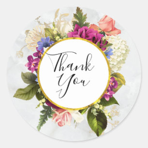 Modern Roze & Witte Waterverf Bloemen Dank u Ronde Sticker