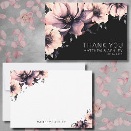 Modern roze zwart bloemenbruiloft bedankkaart