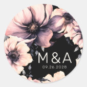 Modern roze zwart bloemenbruiloft ronde sticker (Voorkant)