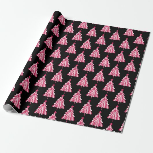 Modern roze zwart kerstboom patroon cadeaupapier (Uitgerold)
