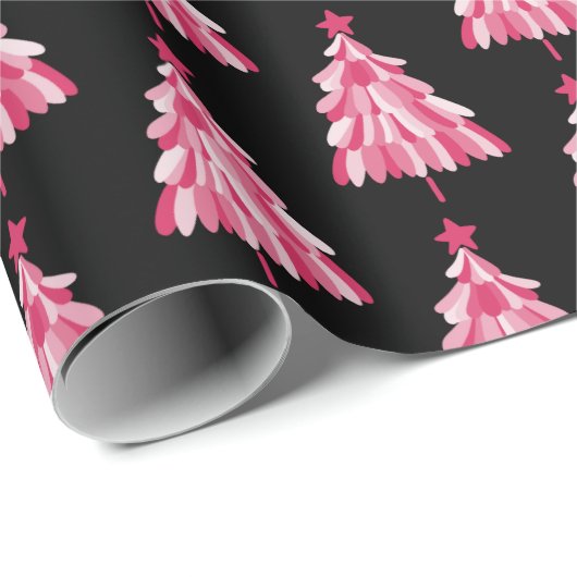 Modern roze zwart kerstboom patroon cadeaupapier (Rol Hoek)