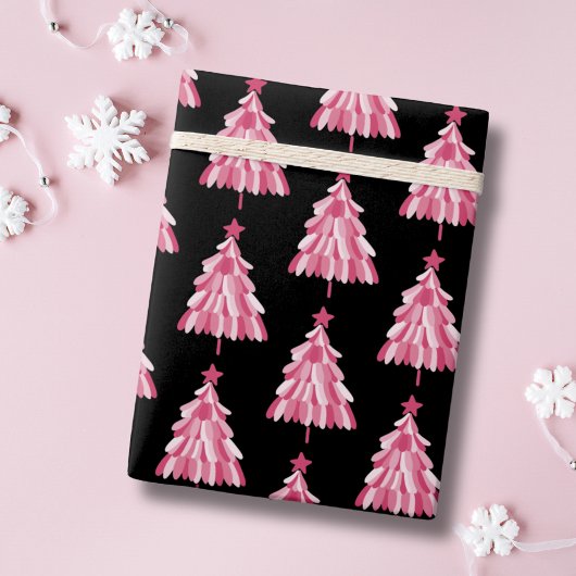 Modern roze zwart kerstboom patroon cadeaupapier