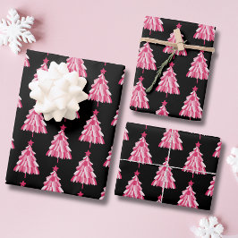 Modern roze zwart kerstboom patroon inpakpapier vel