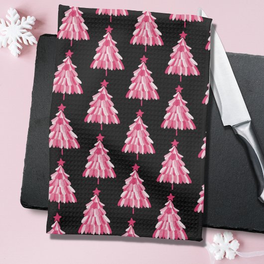 Modern roze zwart kerstboom patroon theedoek