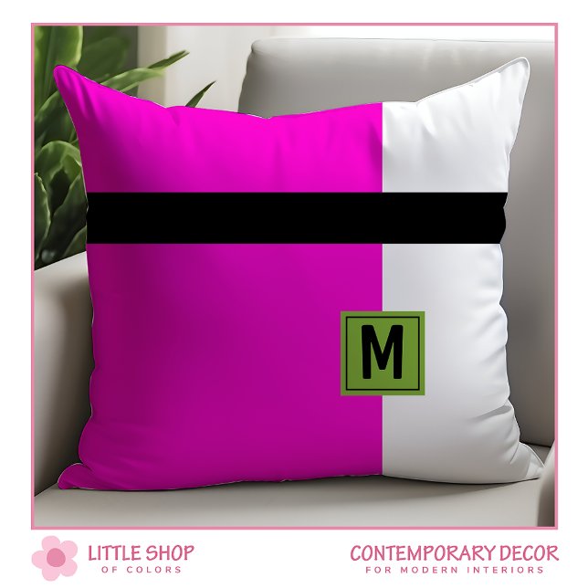 Modern Roze Zwart Kleur Block Monogrammed Kussen (Creator heeft geüpload)