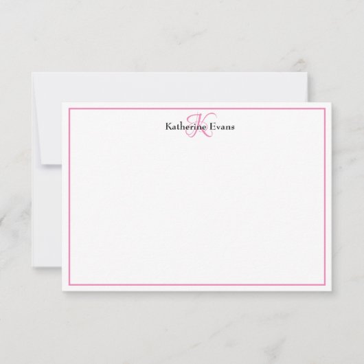 Modern Roze Zwart Monogram Naam Opmerking Kaart (Voorkant)