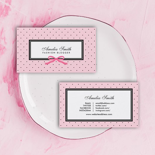 Modern Roze Zwart Polka Dot Roze Lint Blogger Visitekaartje