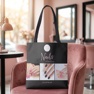 Modern Roze Zwart Script Logo Foto Nagel Salon Tote Bag