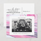Modern roze zwart wit marmer Foto SAVE THE DATE Aankondigingskaart (Voorkant / Achterkant)