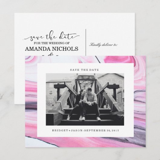 Modern roze zwart wit marmer Foto SAVE THE DATE Aankondigingskaart (Voorkant / Achterkant)