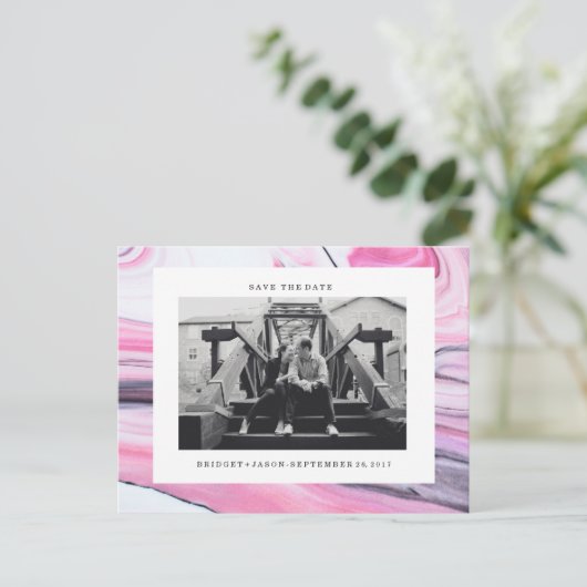 Modern roze zwart wit marmer Foto SAVE THE DATE Aankondigingskaart (Staand voorkant)