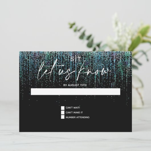 Modern RSVP Edgy Blauwgroen Glitter Uitnodiging (Staand voorkant)