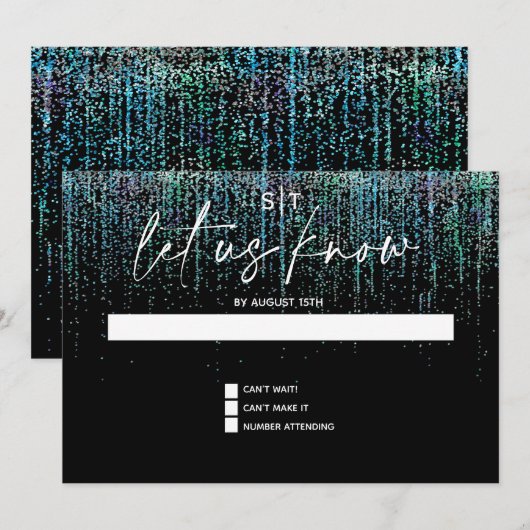 Modern RSVP Edgy Blauwgroen Glitter Uitnodiging (Voorkant / Achterkant)