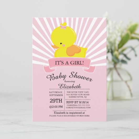 Modern Rubber Duck Meisjes Baby shower Invitation Kaart (Staand voorkant)