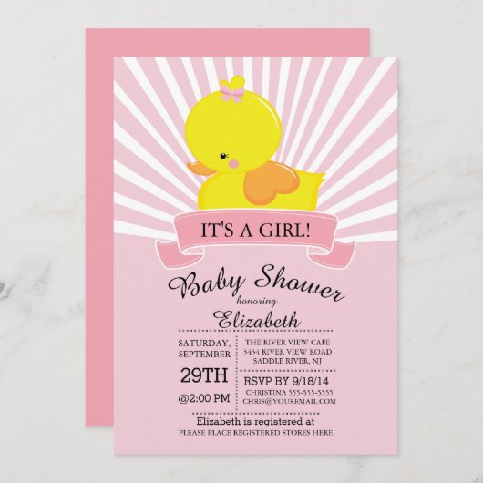 Modern Rubber Duck Meisjes Baby shower Invitation Kaart (Voorkant / Achterkant)