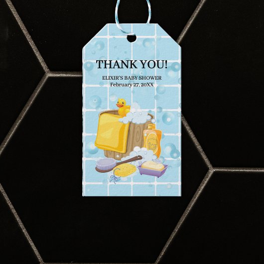 Modern Rubber Ducky Bubbles Baby shower Cadeaulabel