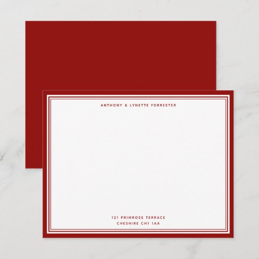 Modern Ruby Red Name & Address Note Card Notitiekaartje (Voorkant / Achterkant)