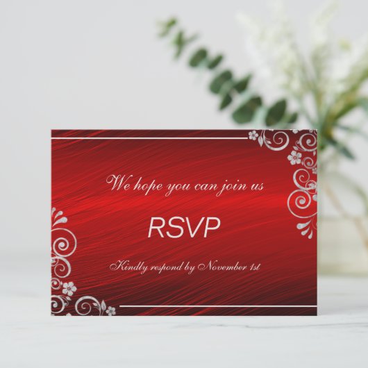 Modern Ruby Red Silver Gray Floral Wedding RSVP (Staand voorkant)