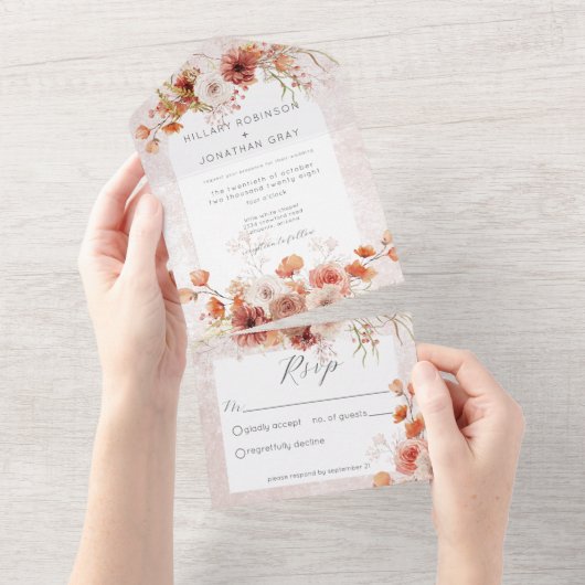 Modern Rust Boho & Neutrals Floral No Dinner All In One Uitnodiging (Afscheurbaar)