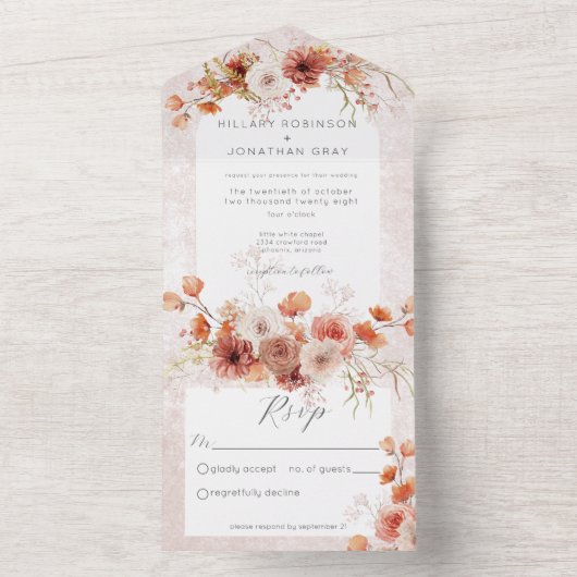 Modern Rust Boho & Neutrals Floral No Dinner All In One Uitnodiging (Binnen)