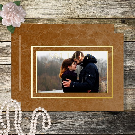 Modern Rust Marble Photo Wedding Save the Date Folie Feestdagen Briefkaart