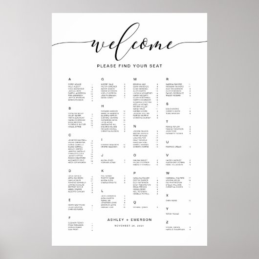 Modern Rustic Alfabetisch Stoelenplan Bord Poster (Voorkant)
