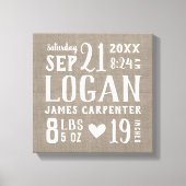 Modern Rustic Baby Birth Stats Nursery Art Canvas Afdruk (Voorkant)