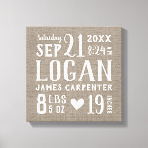 Modern Rustic Baby Birth Stats Nursery Art Canvas Afdruk