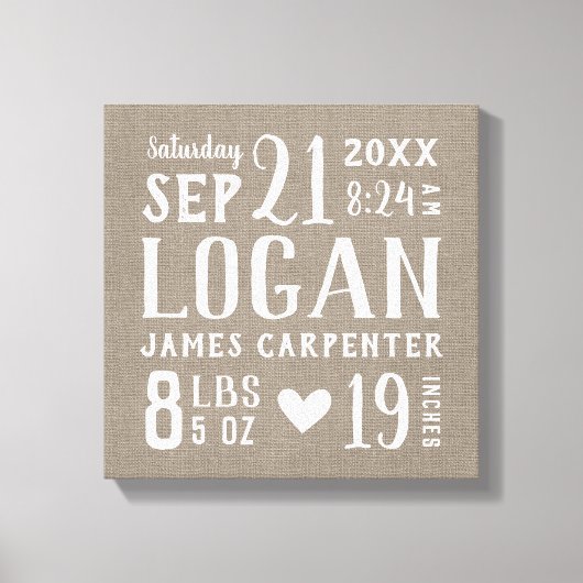 Modern Rustic Baby Birth Stats Nursery Art Canvas Afdruk (Voorkant)