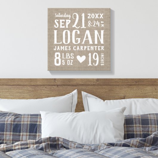 Modern Rustic Baby Birth Stats Nursery Art Canvas Afdruk (Insitu (Slaapkamer))