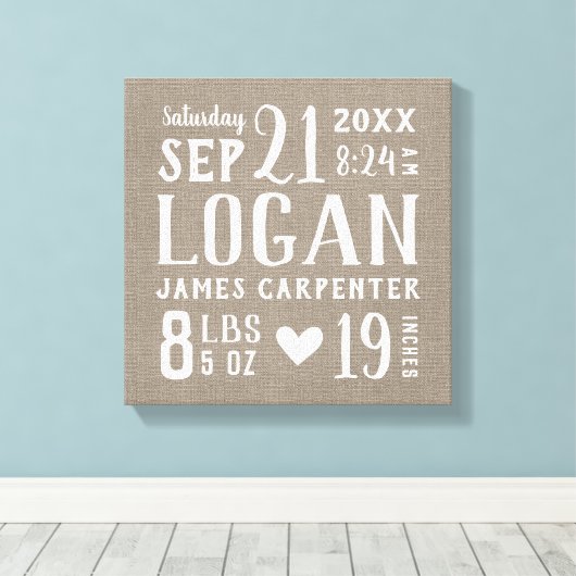 Modern Rustic Baby Birth Stats Nursery Art Canvas Afdruk (Insitu (Houten vloer))