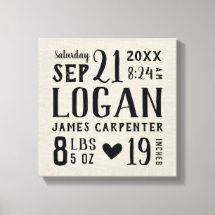 Modern Rustic Baby Birth Stats Nursery Art Canvas Afdruk