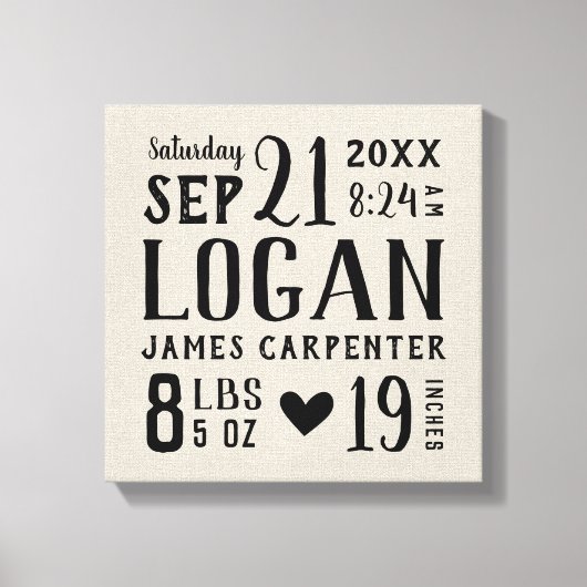 Modern Rustic Baby Birth Stats Nursery Art Canvas Afdruk (Voorkant)